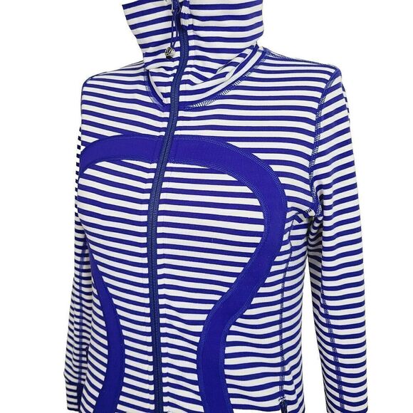 Lululemon In Stride Jacket 4 Blue White Striped Knit Full-Zip Thumbholes - Picture 2 of 10